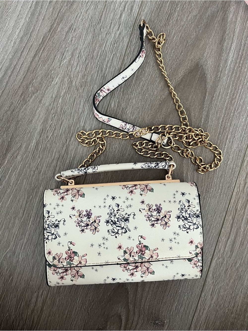 Floral Cream Crossbody Bag with Gold Chain